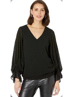 Springfield Black Swiss Dot Sheer Long Sleeve Ruffle Cuff Blouse Size S NWT